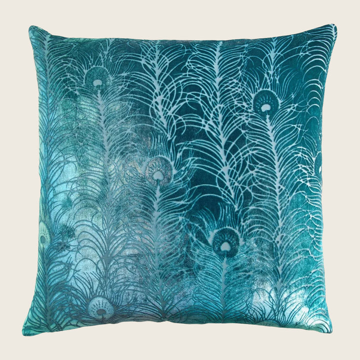 Peacock Feather Velvet Throw Pillow, Pacific