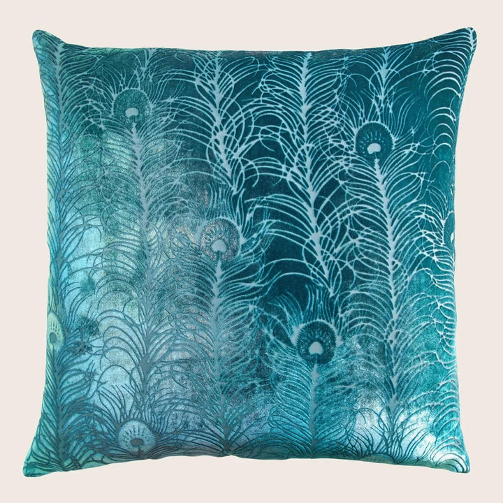 Peacock Feather Velvet Throw Pillow, Pacific