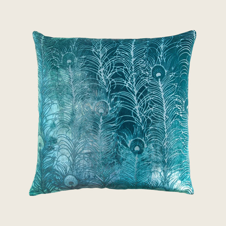 Peacock Feather Velvet Throw Pillow, Pacific
