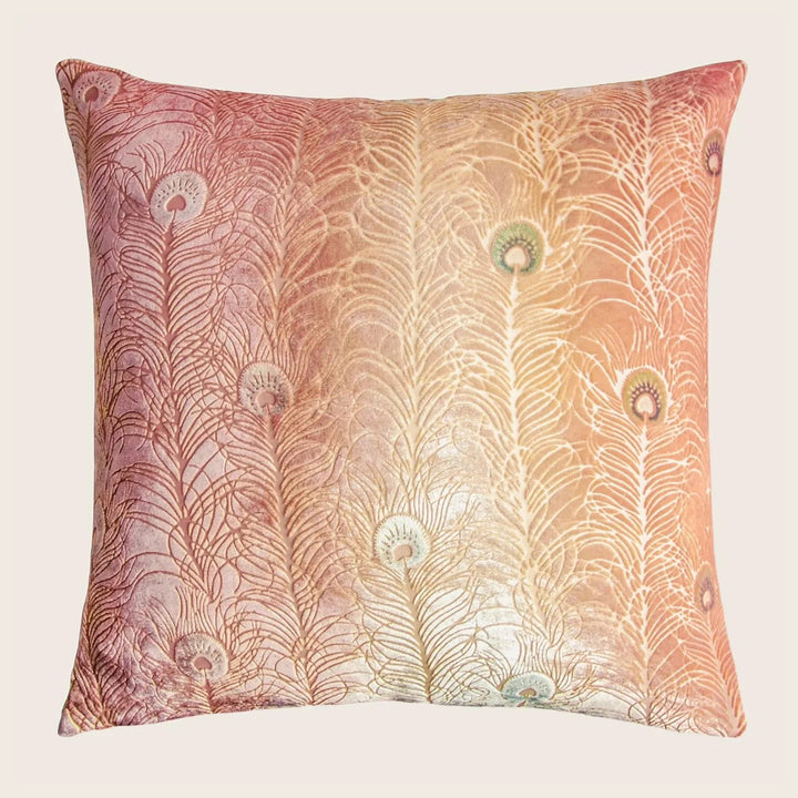 Peacock Feather Velvet Throw Pillow, Sunstone