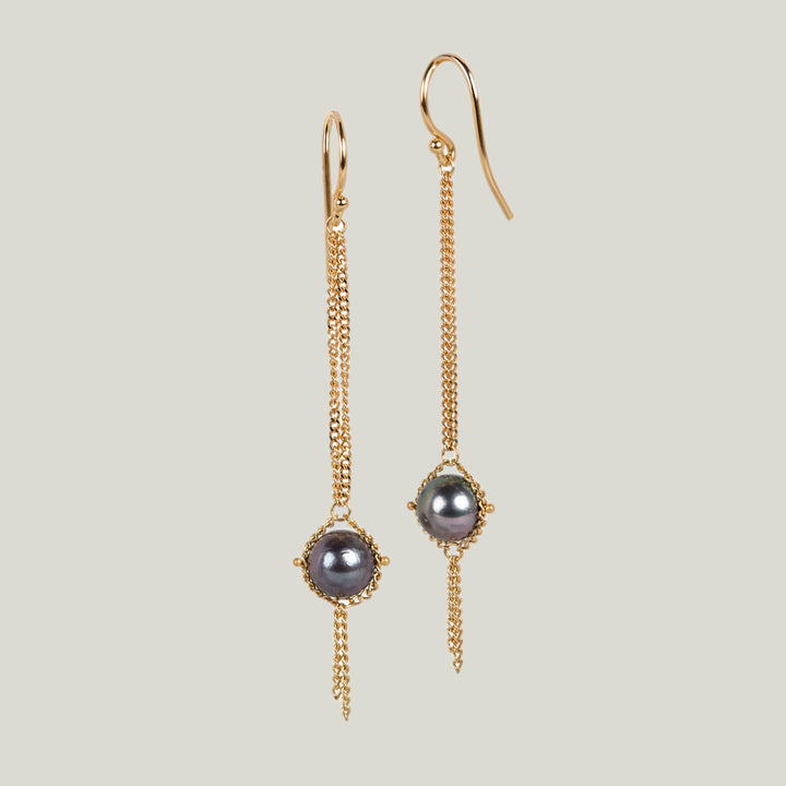 Image for 18K Yellow Gold Grey Akoya Pearl Long Drop Earrings