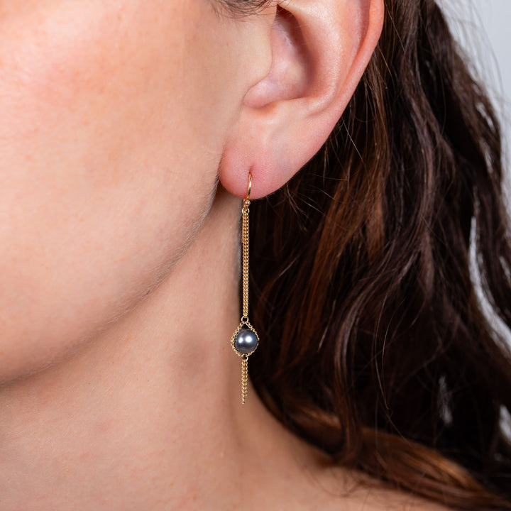 Image for 18K Yellow Gold Grey Akoya Pearl Long Drop Earrings