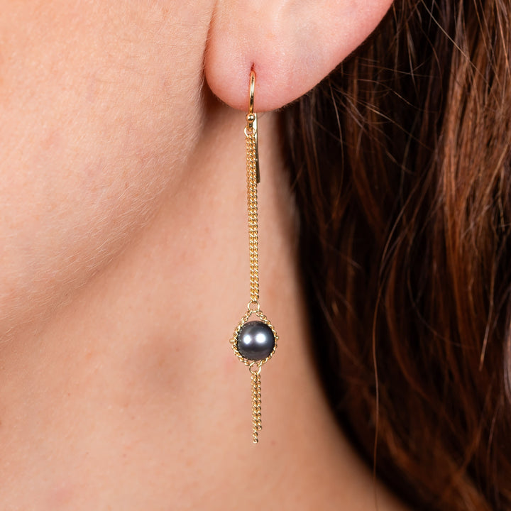 Image for 18K Yellow Gold Grey Akoya Pearl Long Drop Earrings
