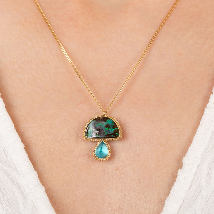 Image for One-of-a-Kind 18K Yellow Gold 5.22 ct. Boulder Opal, 1.28 ct. Aquamarine Mushroom Necklace