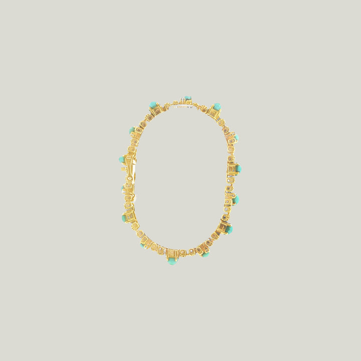 Image for Vintage 1970s 18K Yellow Gold Turquoise and Diamond Textured Gold Bracelet