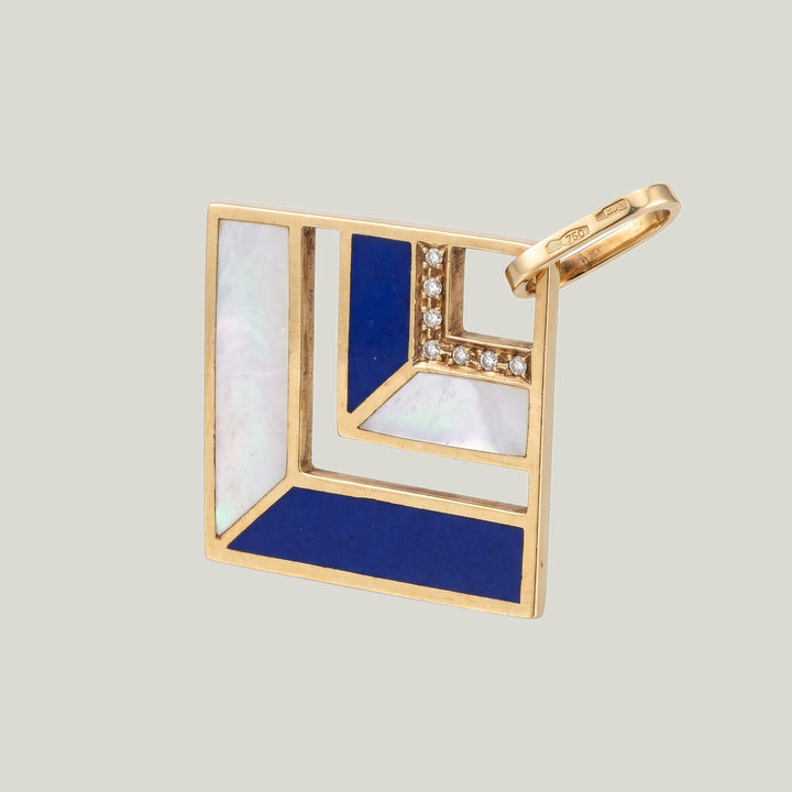 Image for Vintage 1970s 18K Yellow Gold Italian Lapis Lazuli, Mother-of-Pearl and Diamond Pendant