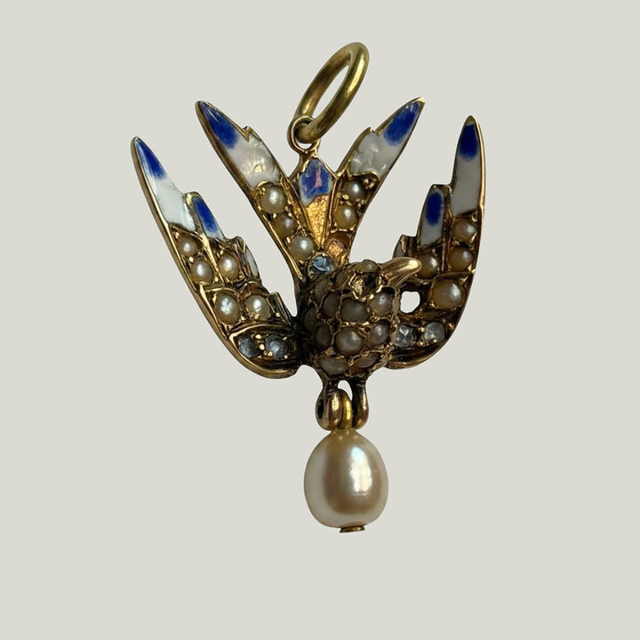 Image for Vintage Gold Victorian Diamond Natural Pearl Swallow Bird Charm Pendant