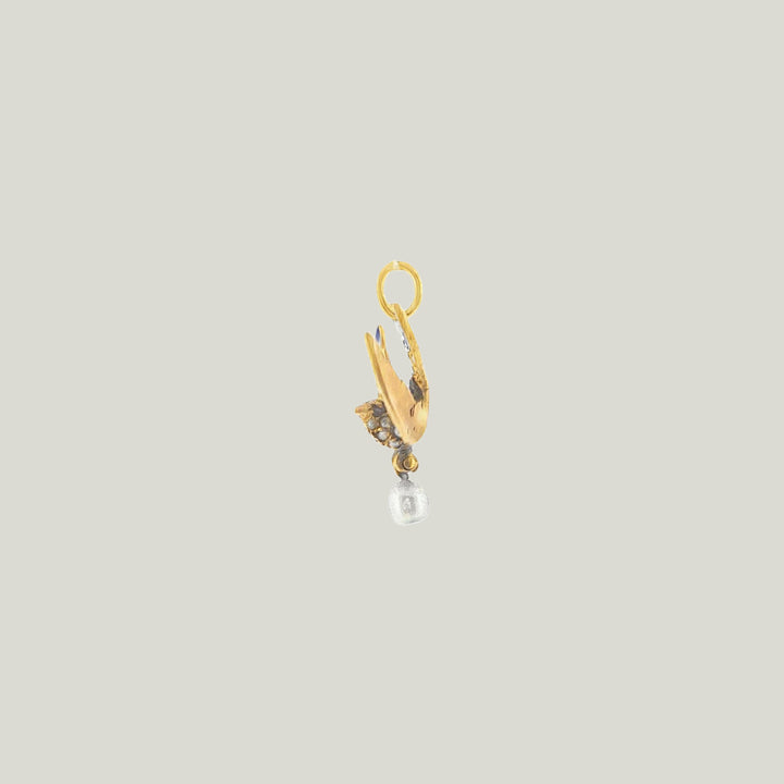 Image for Vintage Gold Victorian Diamond Natural Pearl Swallow Bird Charm Pendant