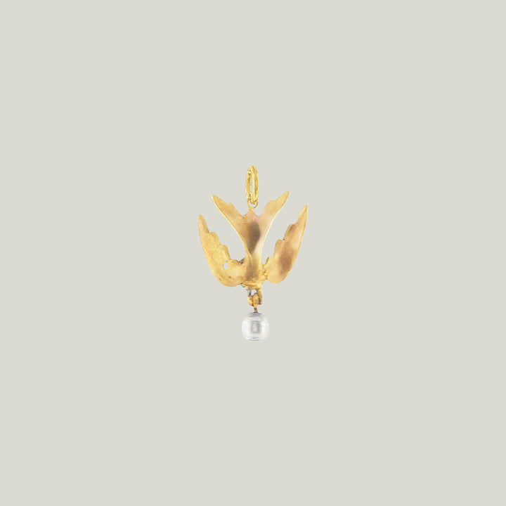 Image for Vintage Gold Victorian Diamond Natural Pearl Swallow Bird Charm Pendant