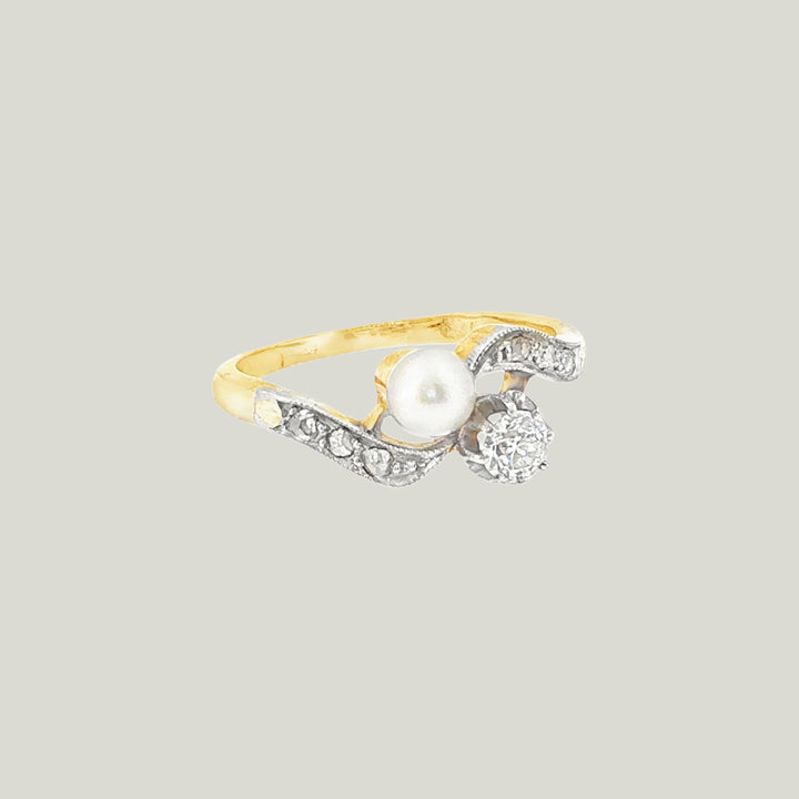 Image for Vintage French Belle Époque 18K Yellow Gold Natural Pearl and Diamond Ring