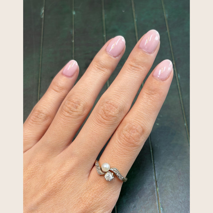 Image for Vintage French Belle Époque 18K Yellow Gold Natural Pearl and Diamond Ring