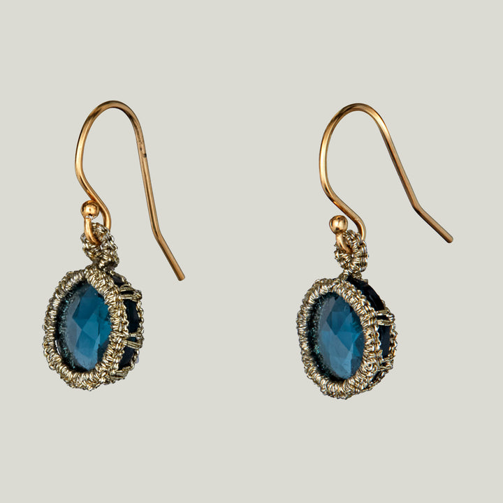 Caged London Blue Quartz with Gold Cord Small Earrings