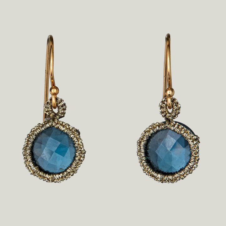 Caged London Blue Quartz with Gold Cord Small Earrings