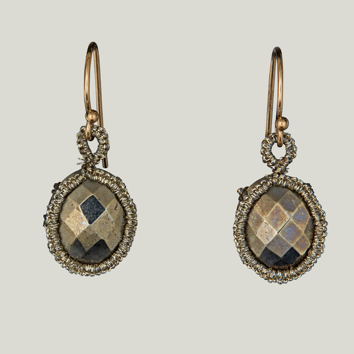 Caged Pyrite with Gold Cord Medium Earrings