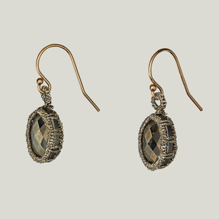 Caged Pyrite with Gold Cord Medium Earrings