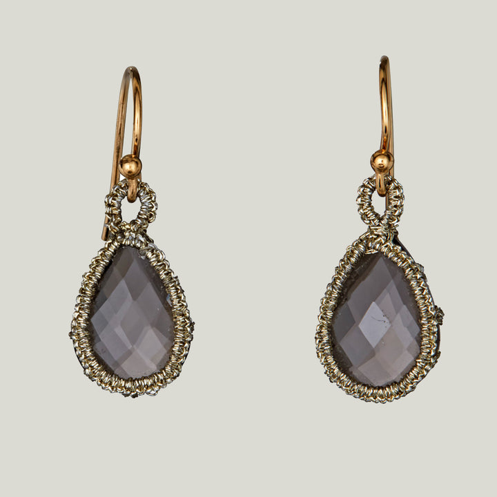 Caged Smokey Quartz with Gold Cord Medium Earrings