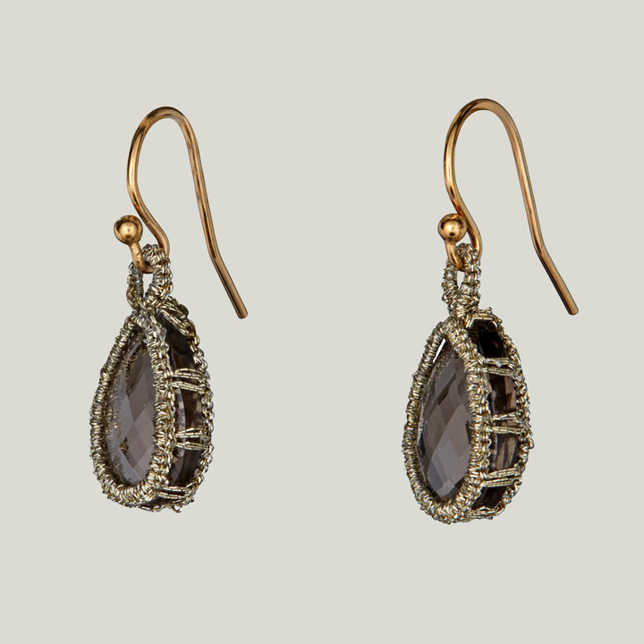 Caged Smokey Quartz with Gold Cord Medium Earrings