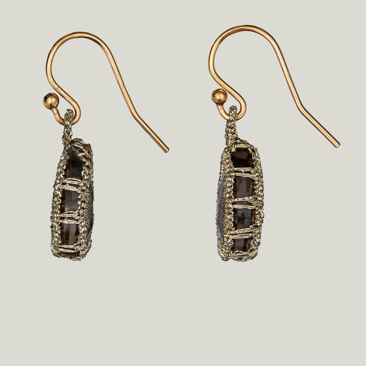Caged Smokey Quartz with Gold Cord Medium Earrings