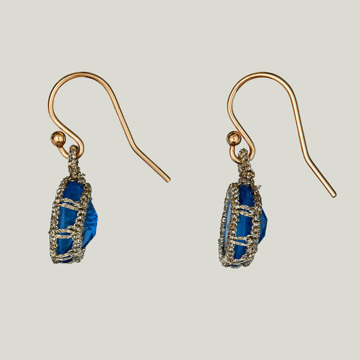 Caged Dark Kyanite Quartz with Gold Cord Medium Earrings