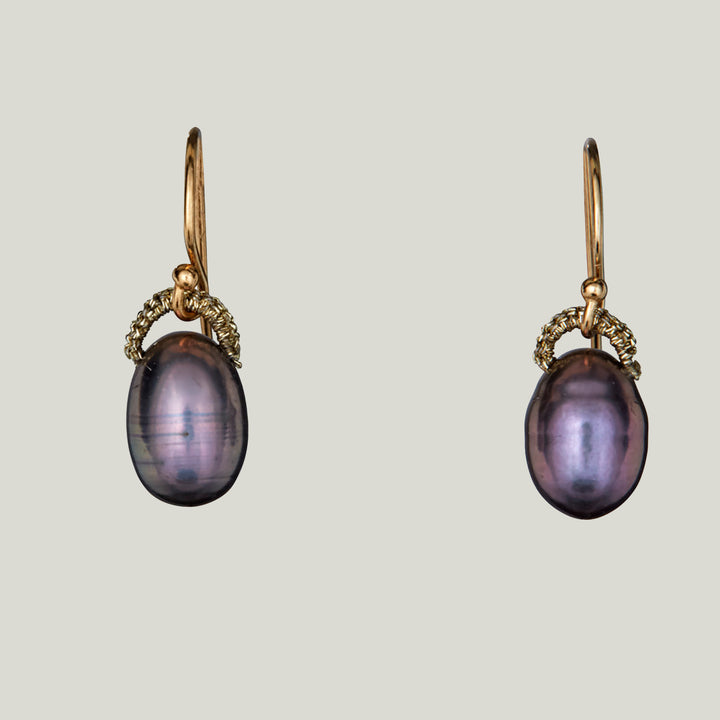 Woven Gold Cord Bale with Rose Grey Peacock Pearl Drop Medium Earrings