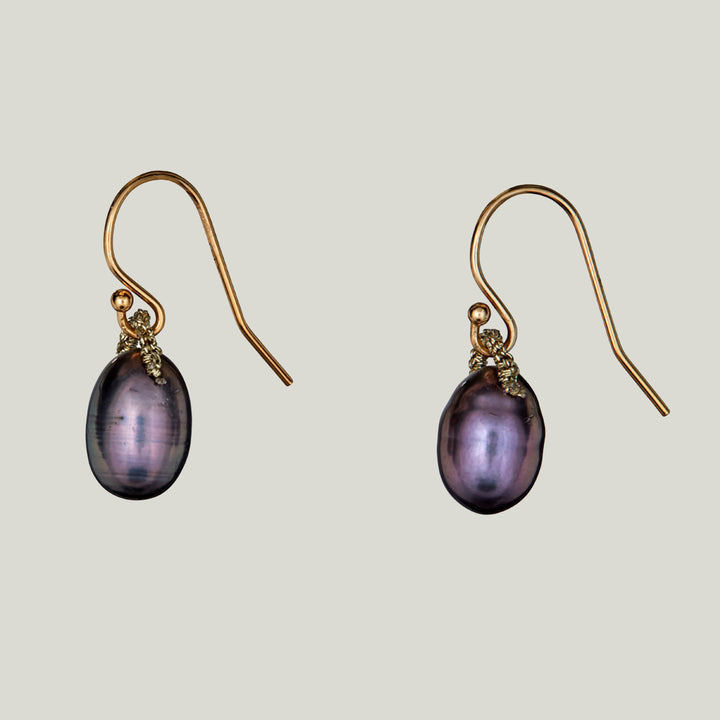 Woven Gold Cord Bale with Rose Grey Peacock Pearl Drop Medium Earrings