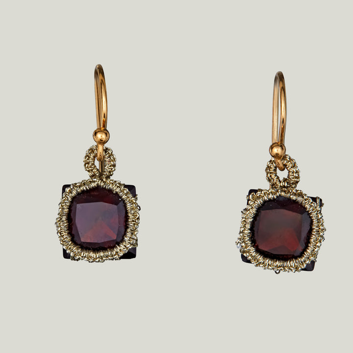 Caged Square Garnet Quartz with Gold Cord Earrings