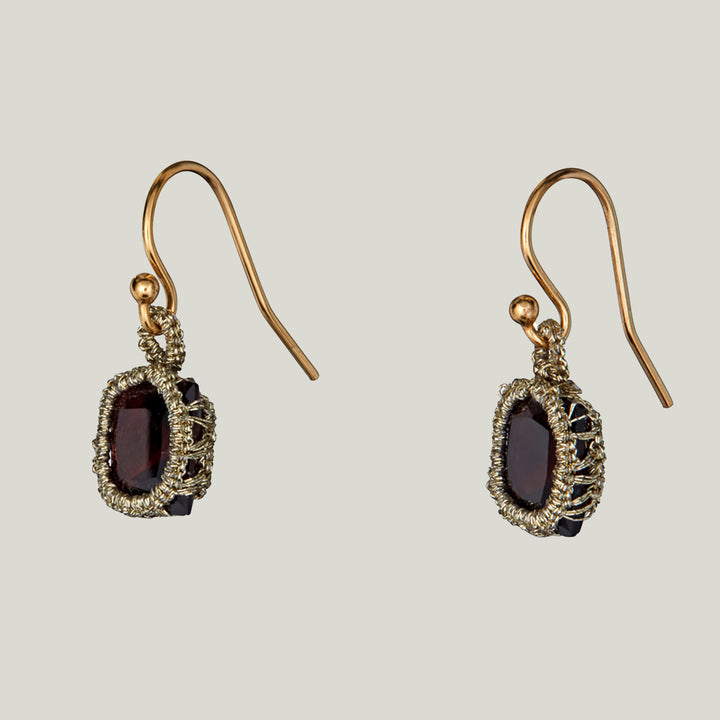 Caged Square Garnet Quartz with Gold Cord Earrings