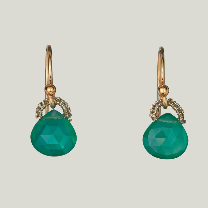 Woven Gold Cord Bale with Green Onyx Drop Small Earrings