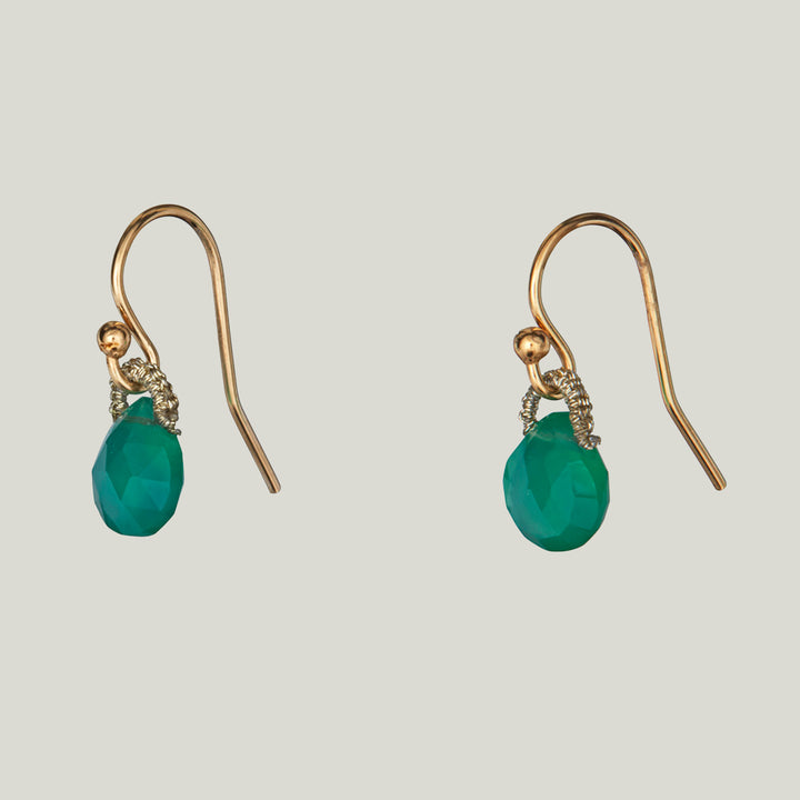 Woven Gold Cord Bale with Green Onyx Drop Small Earrings