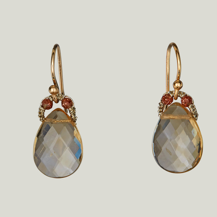 Woven Gold Cord Bale with Sunstone Beads and Citrine Drop Large Earrings