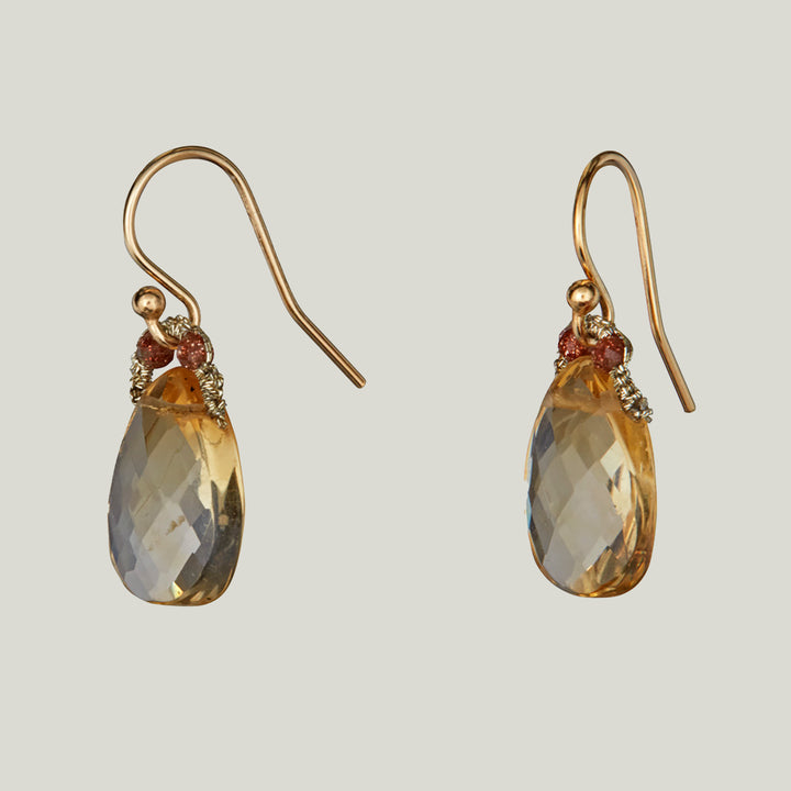 Woven Gold Cord Bale with Sunstone Beads and Citrine Drop Large Earrings