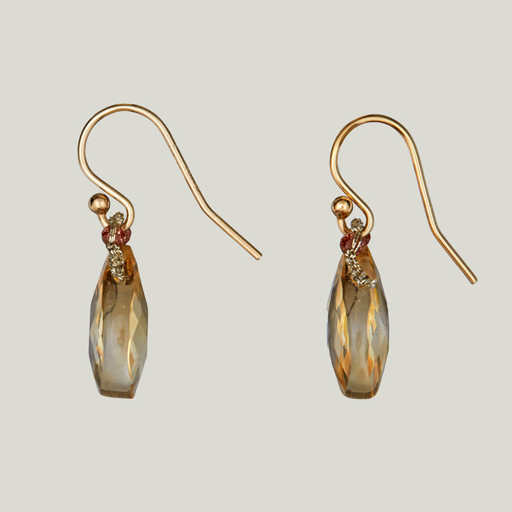 Woven Gold Cord Bale with Sunstone Beads and Citrine Drop Large Earrings