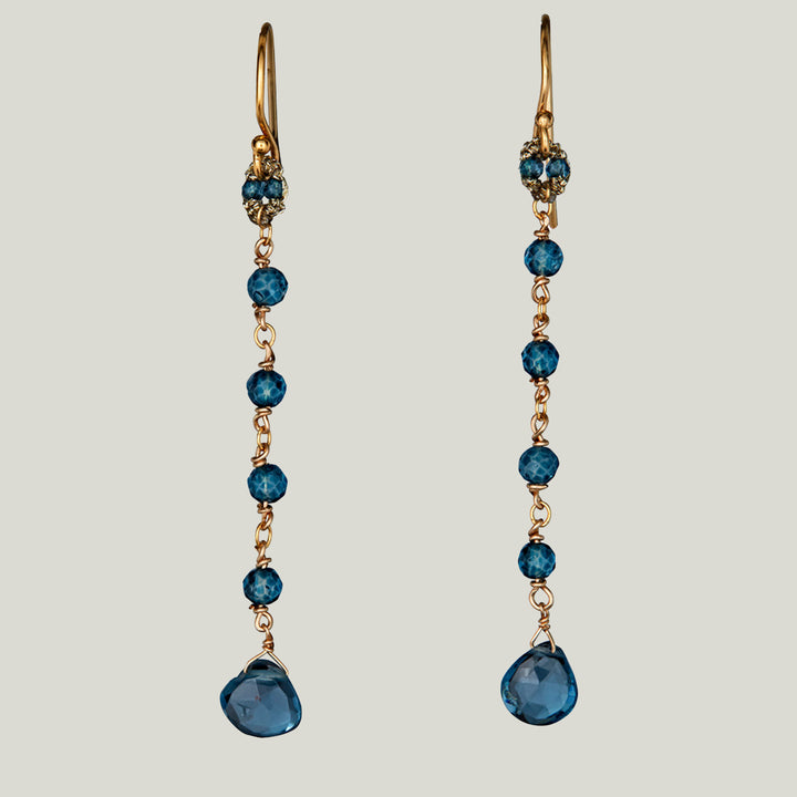 Woven Gold Cord Bale with London Blue Quartz Beads and Gold Chain Earrings