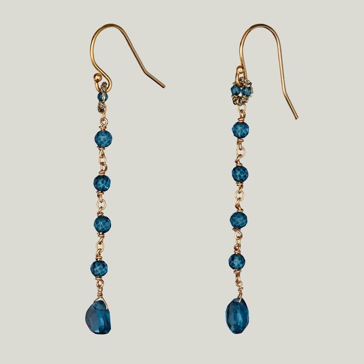 Woven Gold Cord Bale with London Blue Quartz Beads and Gold Chain Earrings