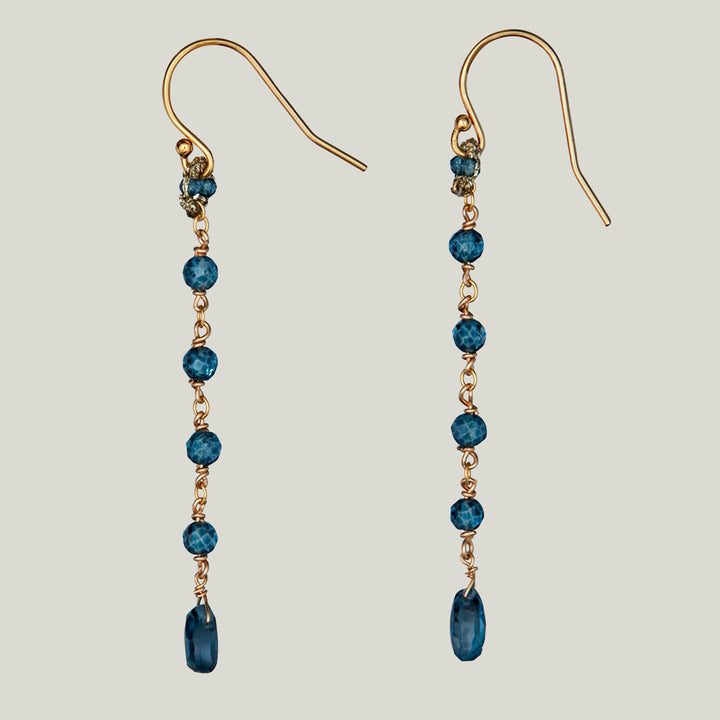 Woven Gold Cord Bale with London Blue Quartz Beads and Gold Chain Earrings