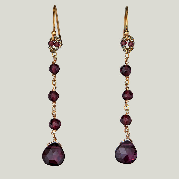Woven Gold Cord Bale with Garnet Beads and Gold Chain Earrings