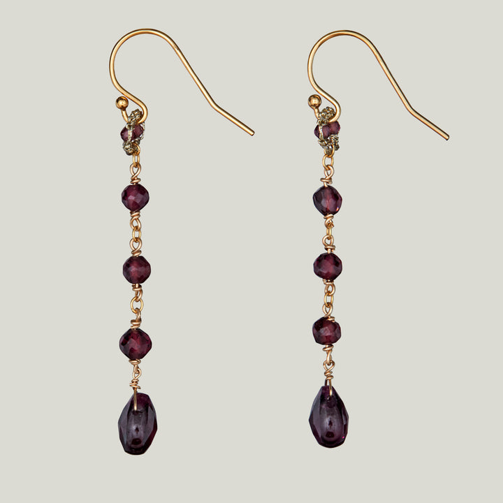 Woven Gold Cord Bale with Garnet Beads and Gold Chain Earrings