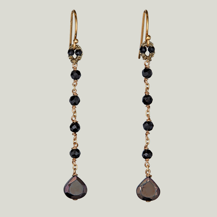 Woven Gold Cord Bale with Black Spinel and Gold Chain Drop Earrings