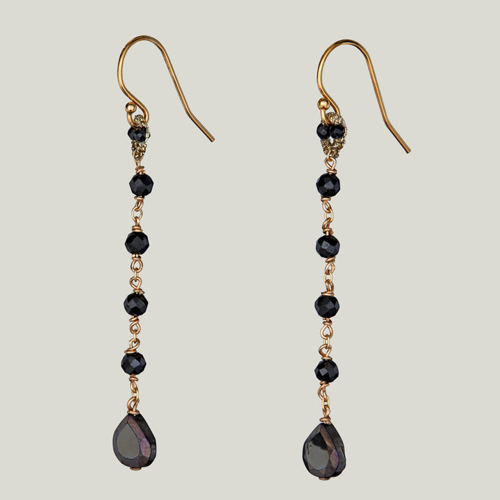 Woven Gold Cord Bale with Black Spinel and Gold Chain Drop Earrings