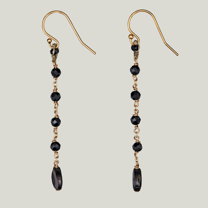 Woven Gold Cord Bale with Black Spinel and Gold Chain Drop Earrings