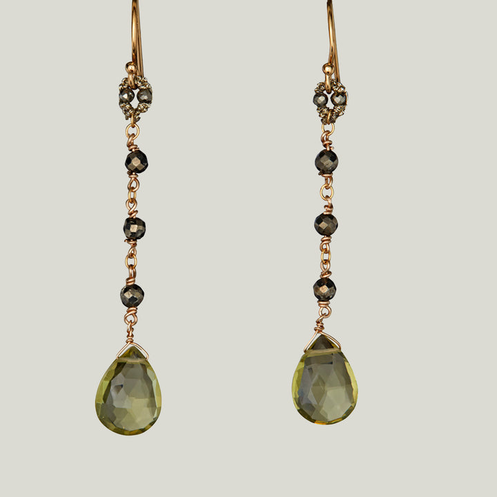 Woven Gold Cord Bale with Pyrite, Lemon Quartz Drop and Gold Chain Earrings