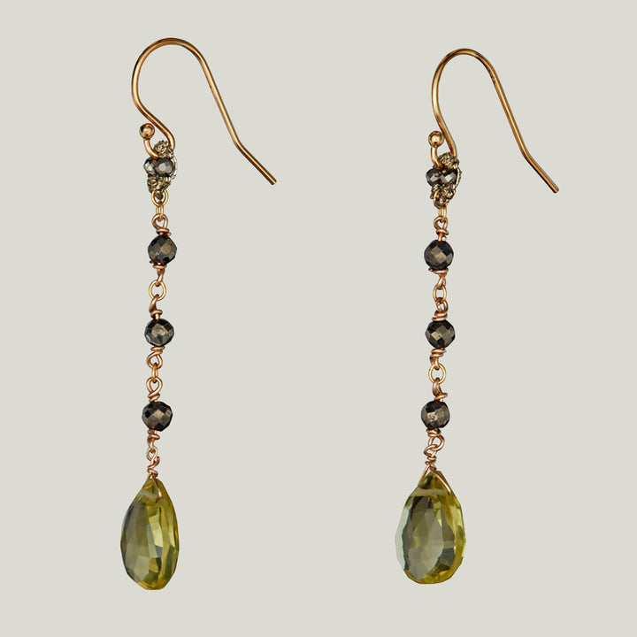 Woven Gold Cord Bale with Pyrite, Lemon Quartz Drop and Gold Chain Earrings