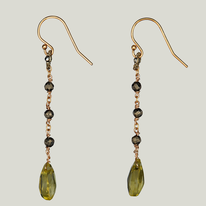 Woven Gold Cord Bale with Pyrite, Lemon Quartz Drop and Gold Chain Earrings