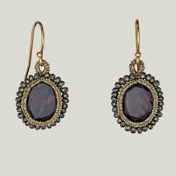 Caged Smokey Topaz with Gold Cord and Pyrite Orbit Earrings