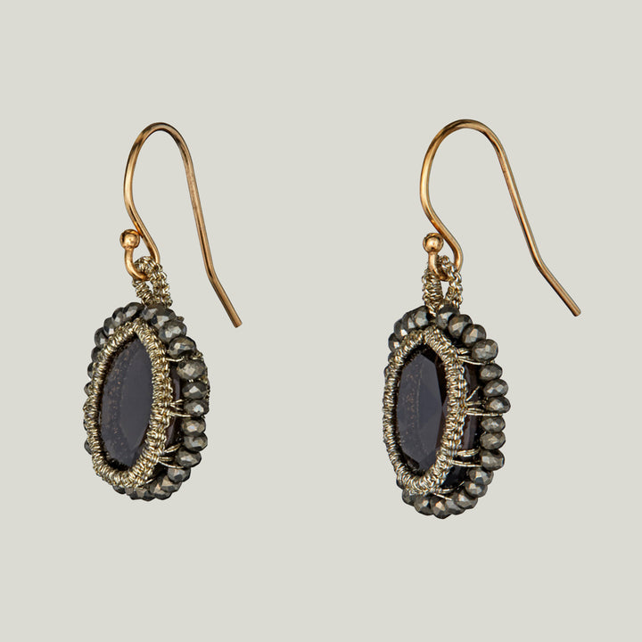 Caged Smokey Topaz with Gold Cord and Pyrite Orbit Earrings