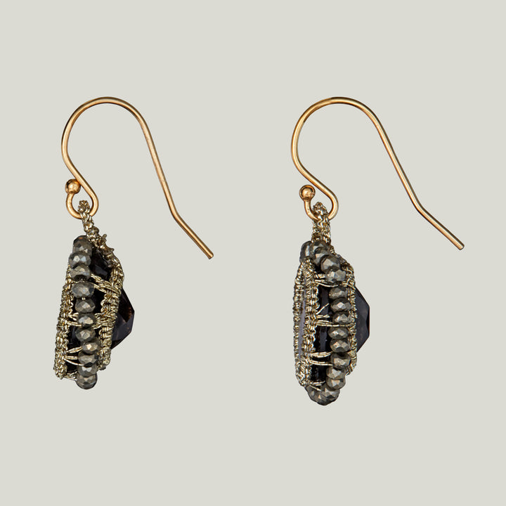 Caged Smokey Topaz with Gold Cord and Pyrite Orbit Earrings