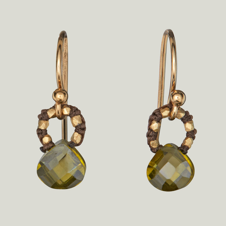 Woven Brown Silk Cord with 14K Gold Vermeil Beads and Olive Drop Earrings