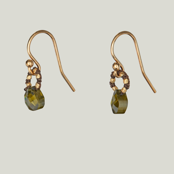 Woven Brown Silk Cord with 14K Gold Vermeil Beads and Olive Drop Earrings