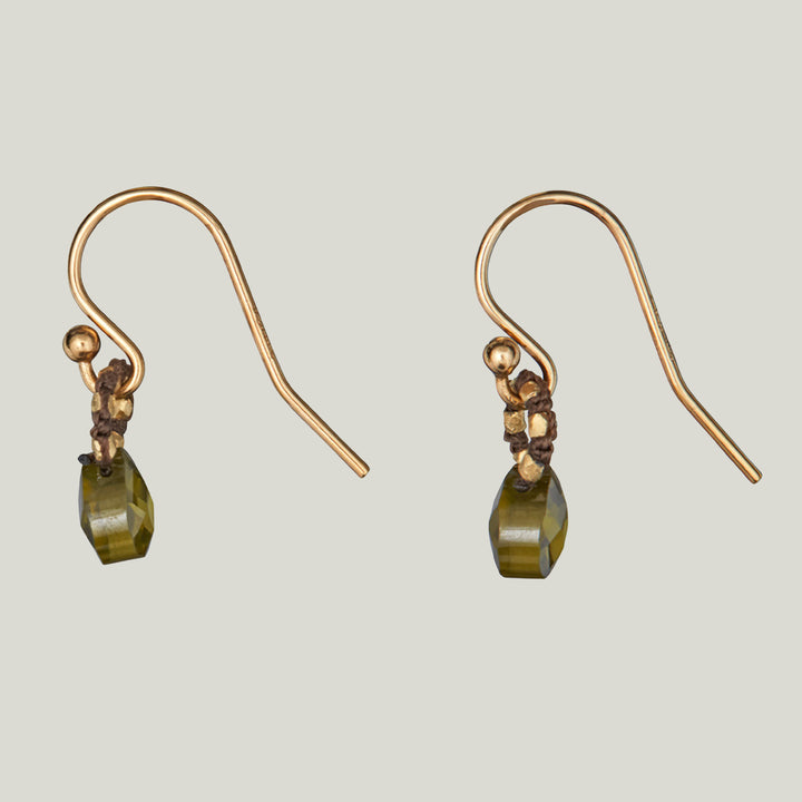 Woven Brown Silk Cord with 14K Gold Vermeil Beads and Olive Drop Earrings