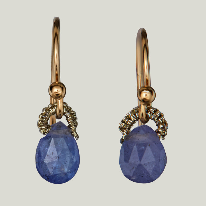 Woven Gold Cord Bale with Tanzanite Drop Earrings